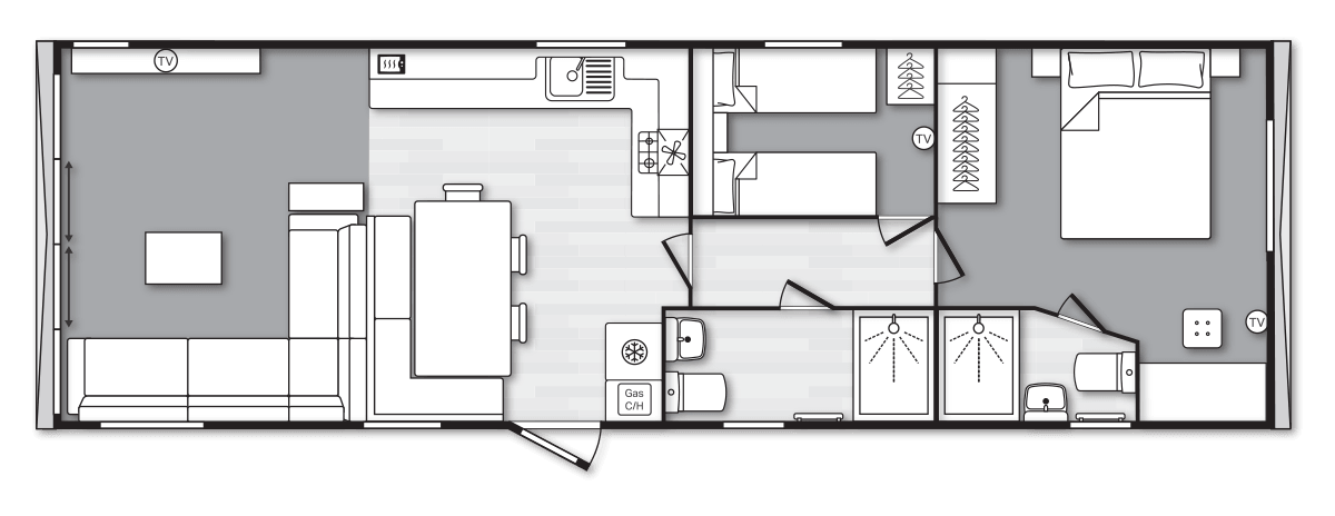 Morlaix Lodge 40’ x 14’ 2 Bedroom floorplan